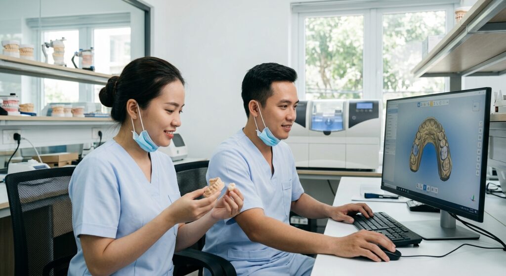 dental practice business plan - Digital dental models displayed on a screen with design tools