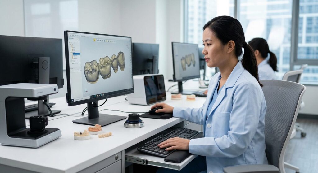 dental lab setup cost - Various dental prosthetics and models arranged around a CAD/CAM workstation