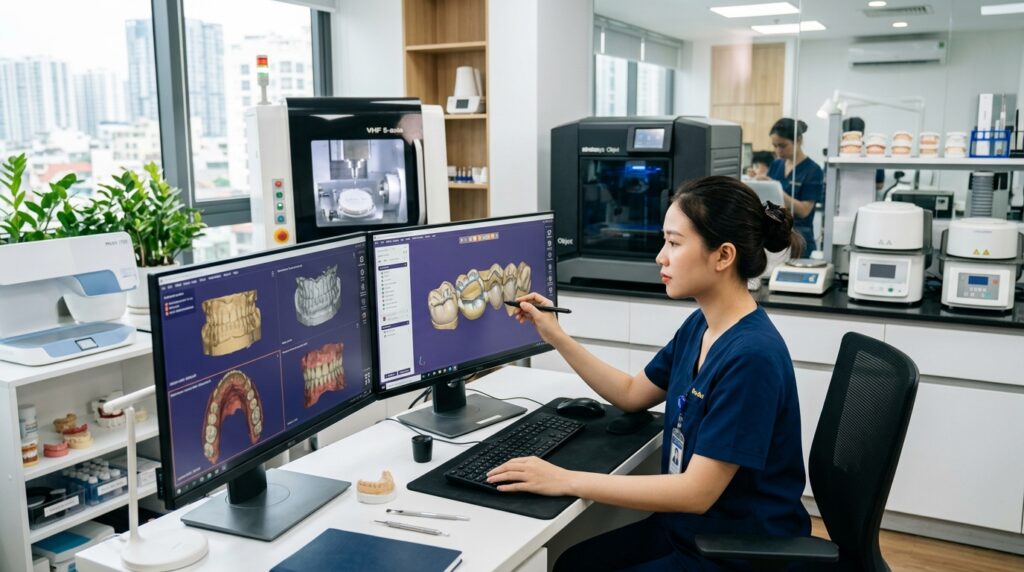 outsourced dental technician service - Dental lab technician collaborating on a digital design