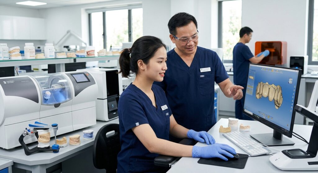 how to open a dental clinic - Dental professional reviewing a digital dental model on a computer screen