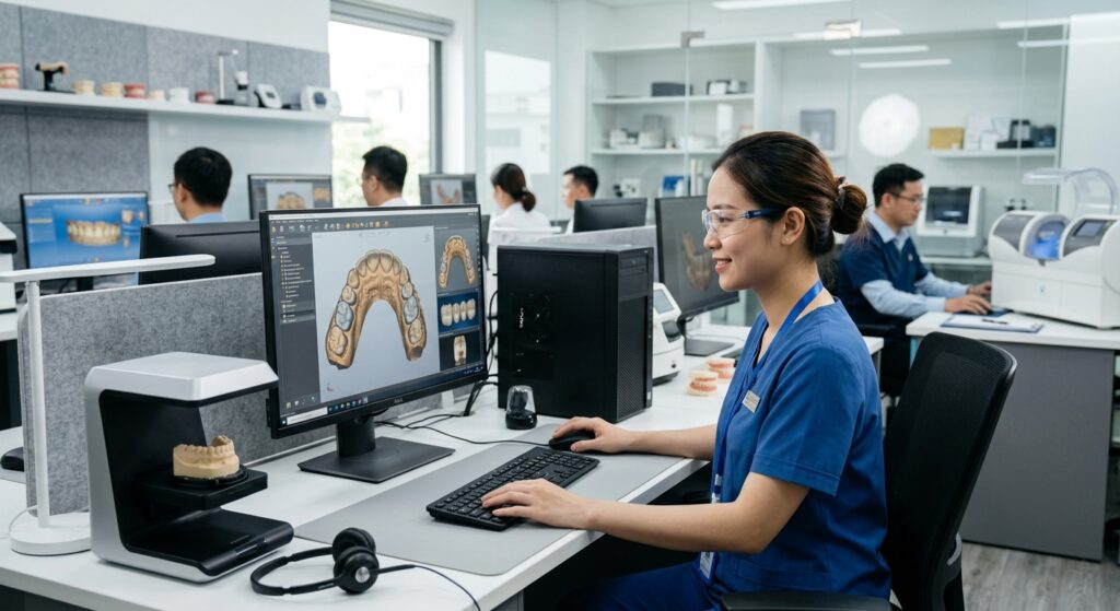 dental practice profit margin - 3D rendering of a dental crown design on a CAD software interface.