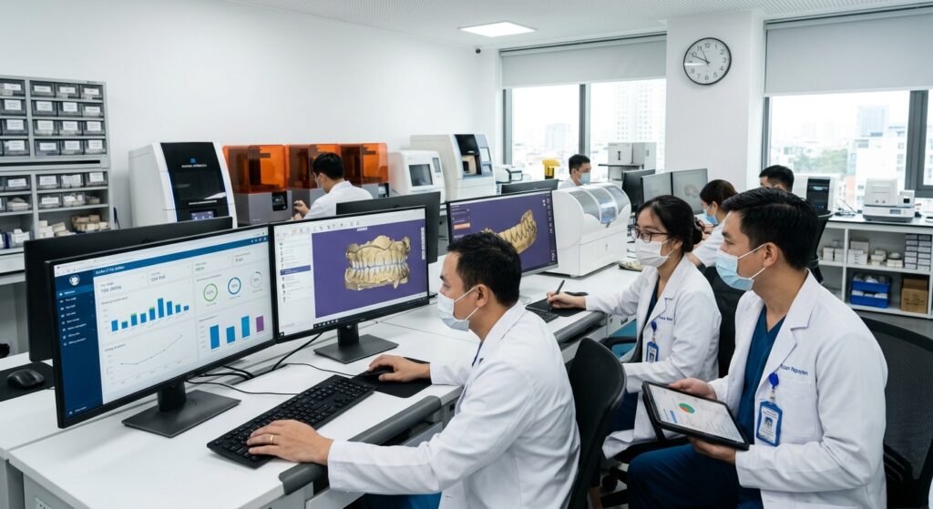 dental billing software - Digital dental crown design on a CAD software interface