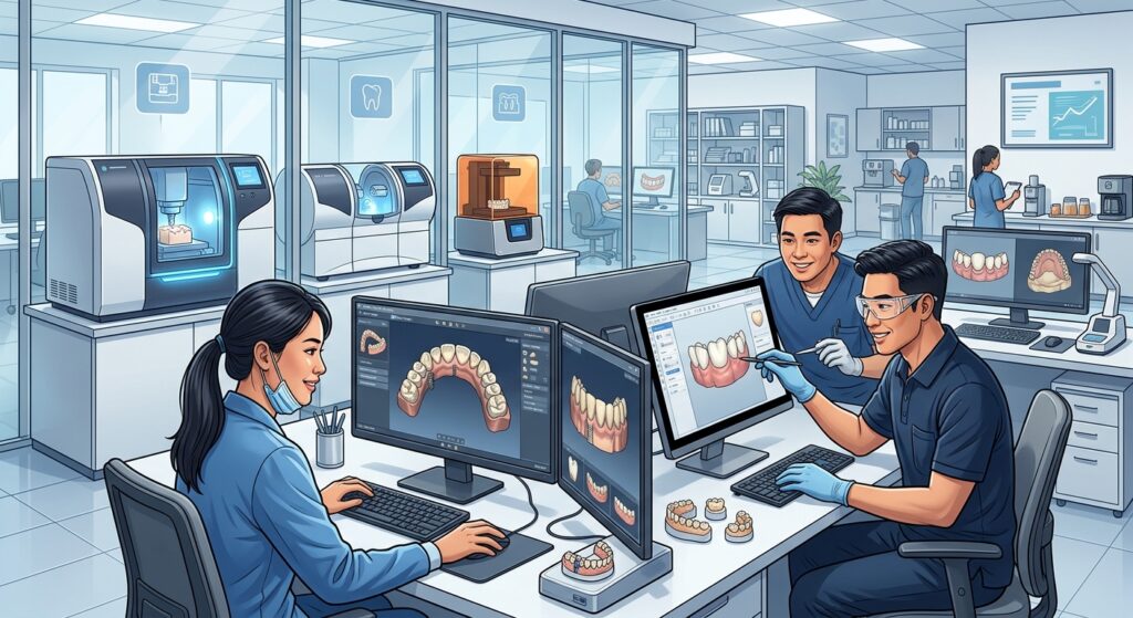 offshore dental design - Digital dental designs displayed on multiple computer screens