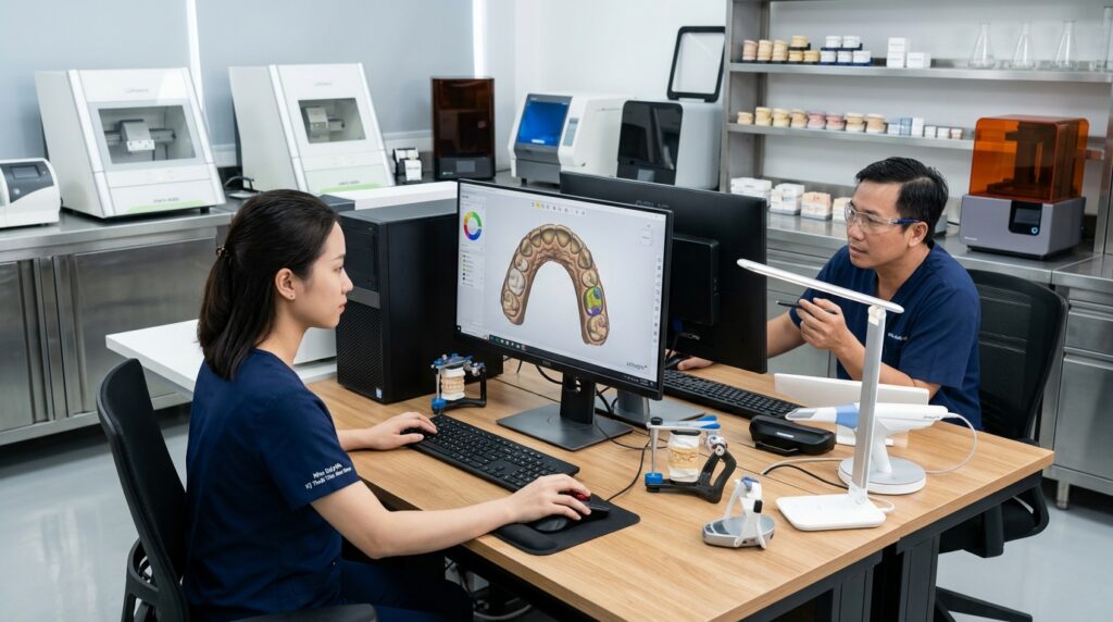 dental practice branding - Digital design of a dental crown on a computer monitor