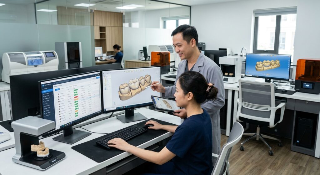 dental crm software - Digital workflow illustration showing data flow from scan to design to production