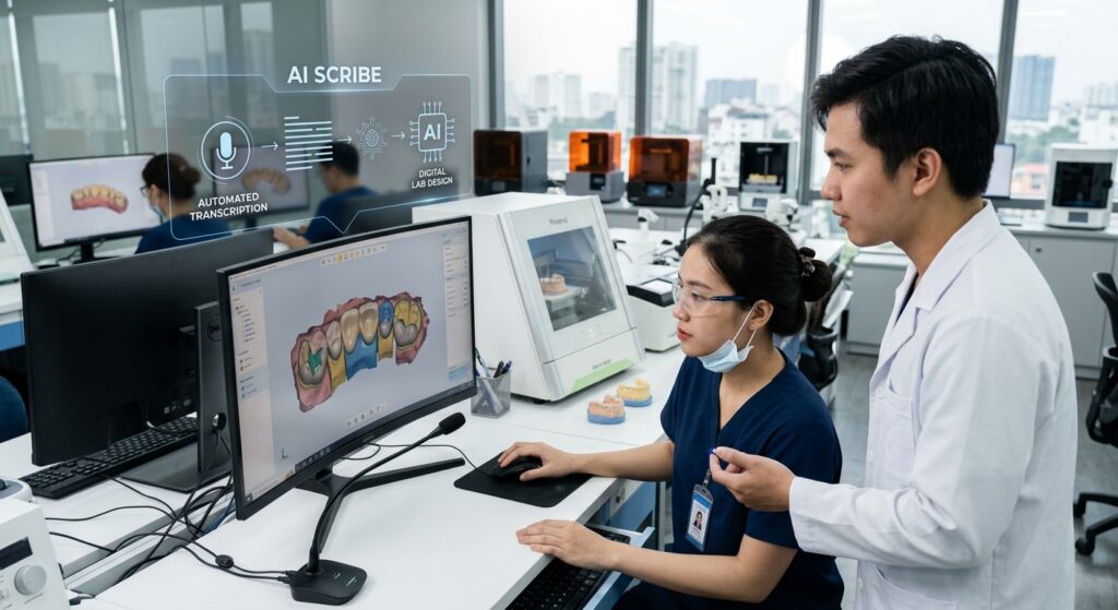 ai scribe for dentists - Dental lab technician working on a CAD/CAM design for a dental crown