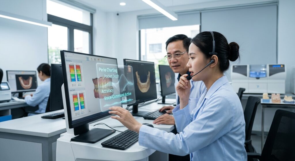 voice activated perio charting - Dental lab technician designing a crown on a CAD software interface