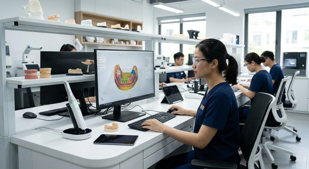 intraoral scanner price 2026 - Close-up of a 3D dental model being designed on a computer screen