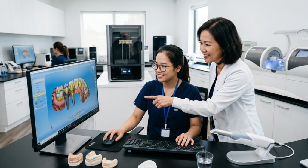 digital tandlaboratoriepartner - Team af dental CAD-designere der samarbejder om komplekse sager i et moderne kontor.