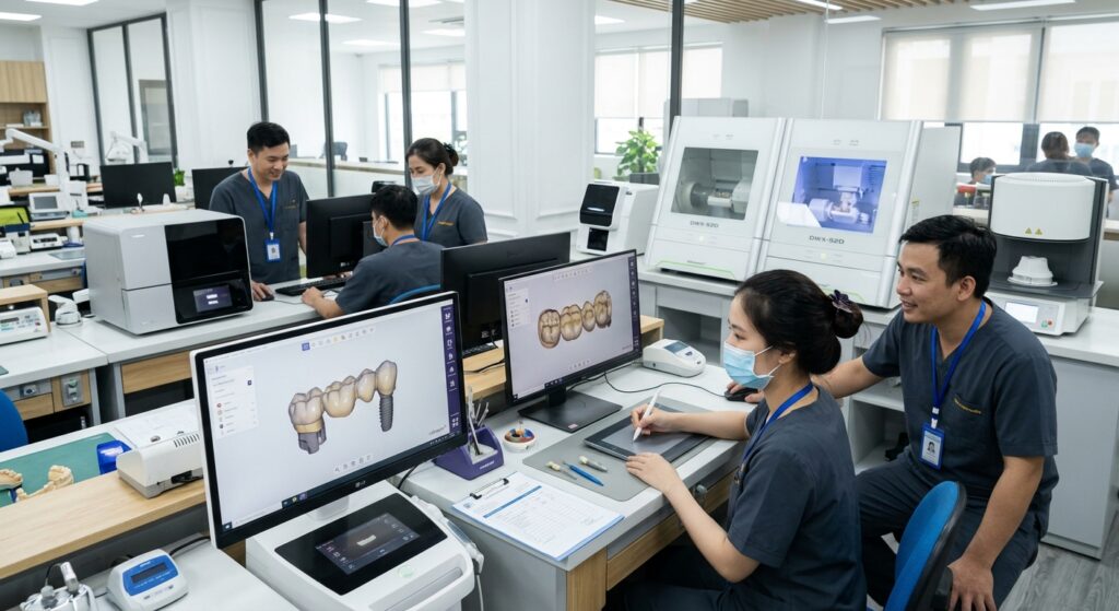 how to open a dental clinic - Dental professional examining a 3D printed dental model.