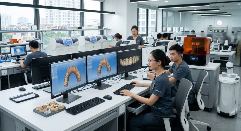 dental lab overhead cost reduction - Digital dental design workflow showing scanning, design, and manufacturing steps