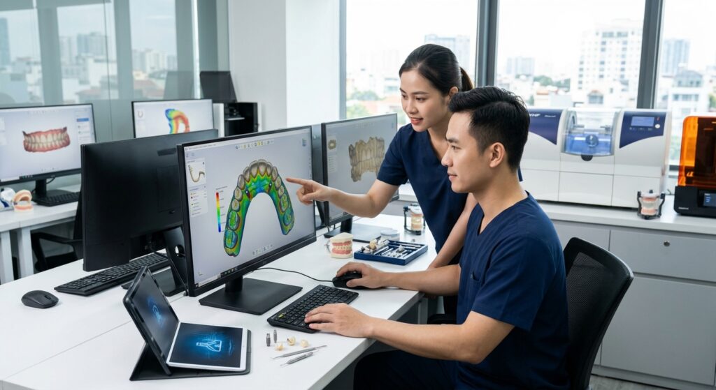 dental lab fee schedule template - A dental lab technician reviewing a digital crown design on a monitor.