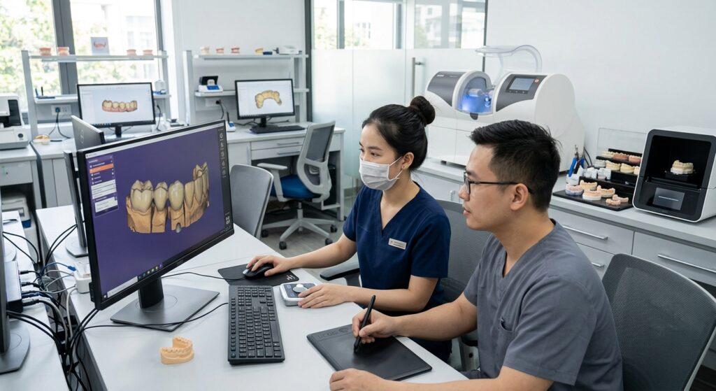 google ads for dental clinics - Team of dental CAD designers working on digital models in a modern lab.