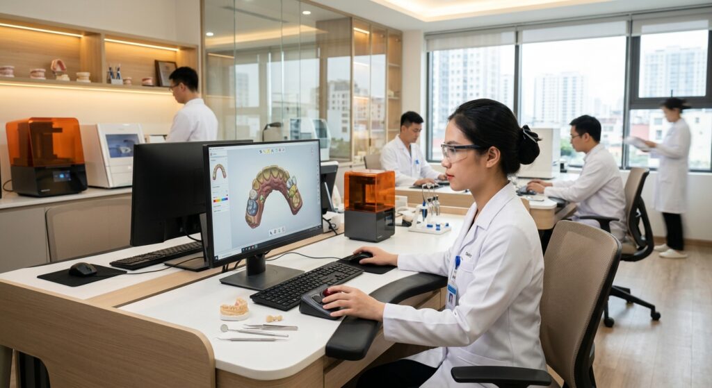 dental associate recruiting - Diverse team of dental professionals collaborating on digital designs