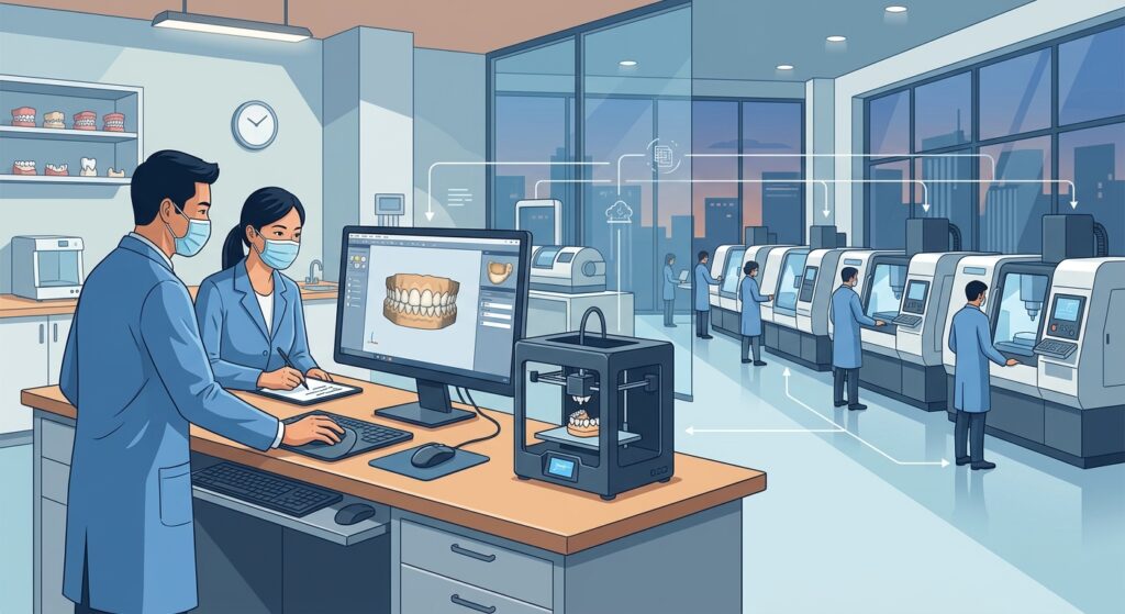 dental lab technician salary - Digital dental designs displayed on multiple computer screens