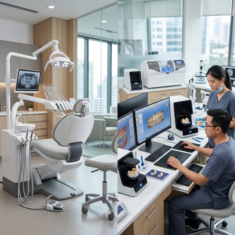 dental chair package deals - Dental lab technician working on a digital design using CAD software