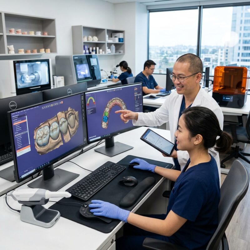 dental practice acquisition financing - Dental lab technician working on a digital design on a computer screen