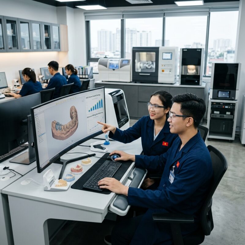 dental lab case volume growth strategy 2026 - Dental lab technician using CAD software for digital design