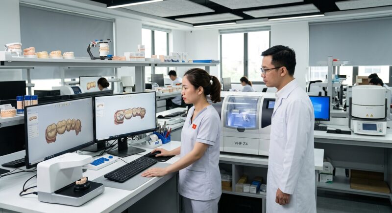 dental lab case volume growth strategy 2026 - Digital dental models and CAD designs on a computer screen