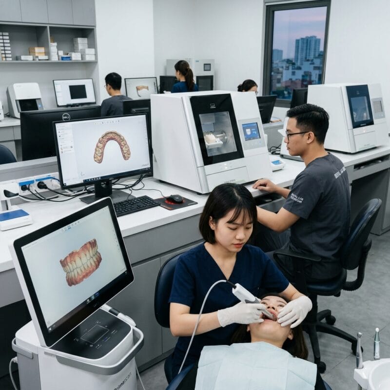 how to digitize a dental lab workflow in 2026 - Modern dental lab workstation with CAD software screens