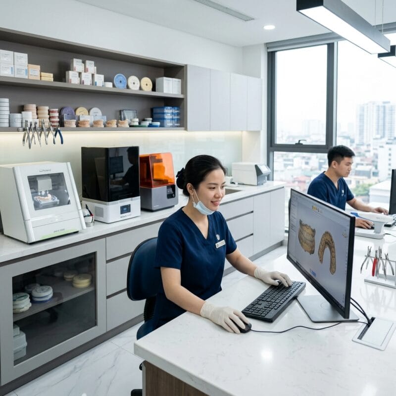 equipment list for a new dental lab 2026 - Modern dental lab workstation with CAD/CAM software