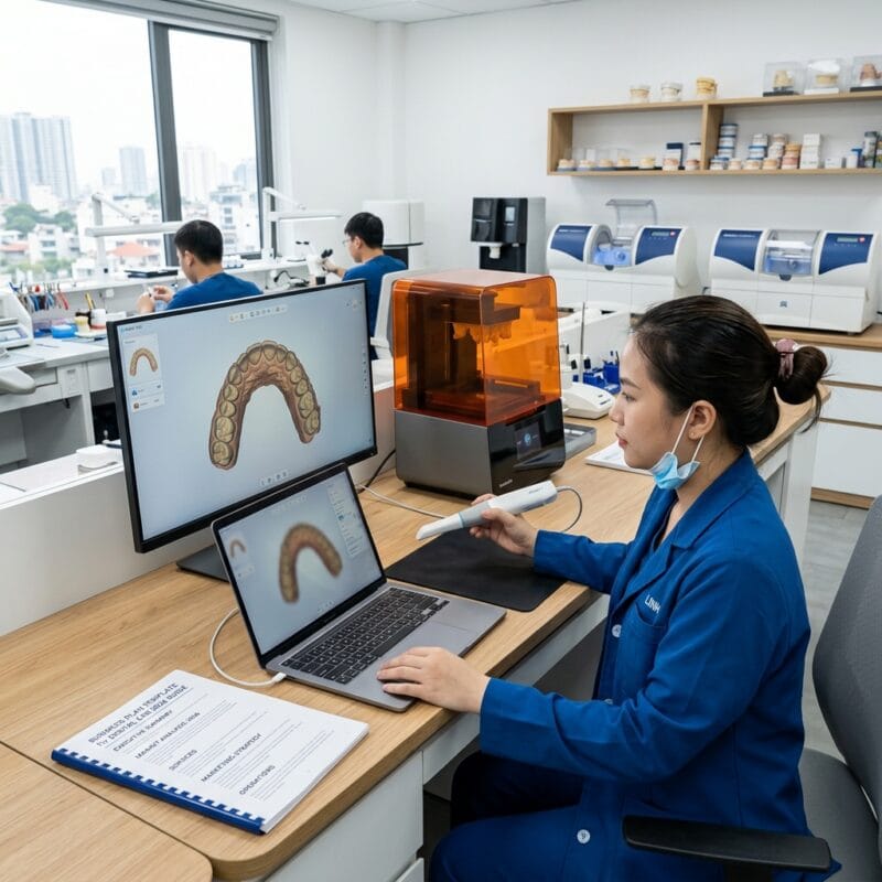 business plan template for a dental lab 2026 - Dental lab technician working on CAD/CAM design software