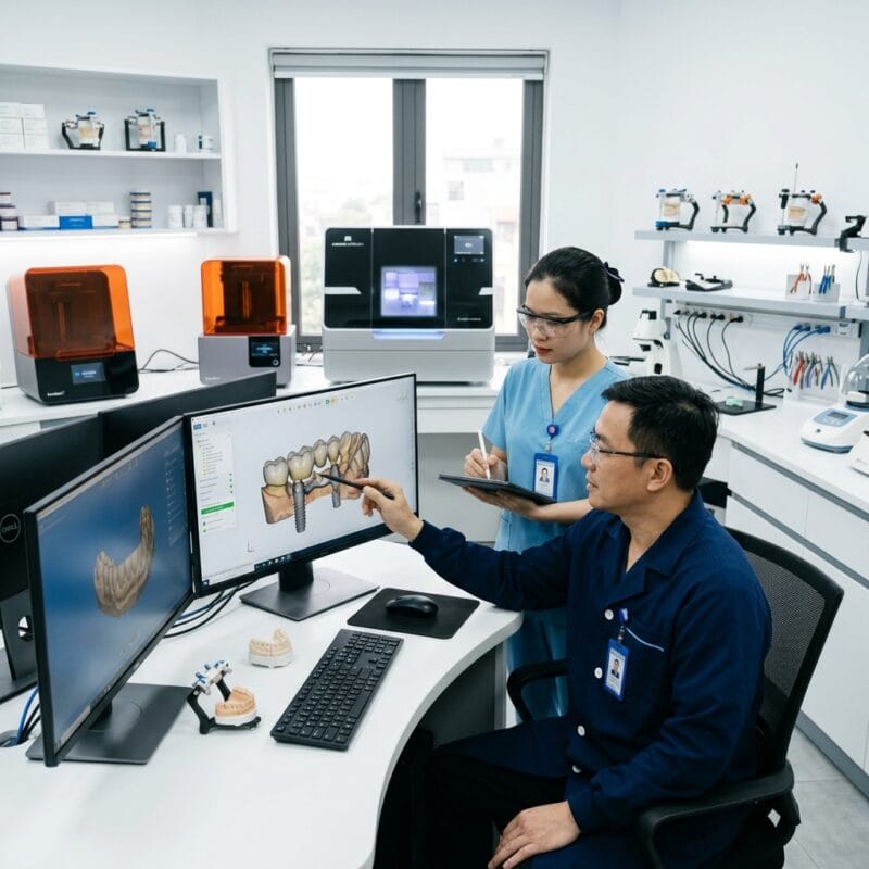 DAMAS accreditation requirements 2026 - Dental lab technician working on CAD CAM software