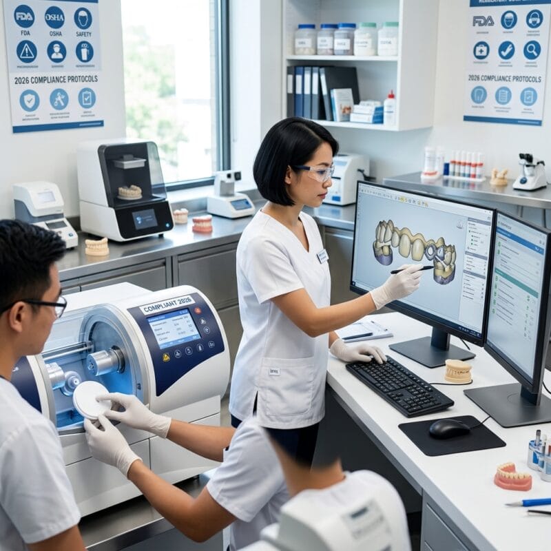 dental lab compliance regulations in the USA 2026 - Dental lab technician analyzing 3D digital CAD designs on computer screen in compliant laboratory setting.