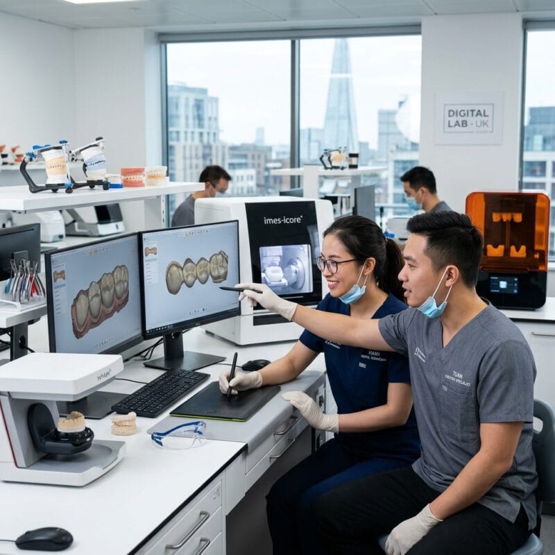 how to start a dental lab in the UK in 2026 - Modern UK dental laboratory technician working with CAD CAM software on digital crown designs