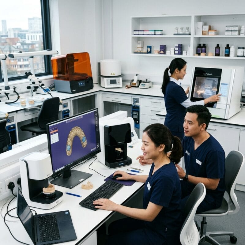 dental lab startup costs in the UK 2026 - Modern digital dental laboratory featuring technician working on CAD CAM design workstation