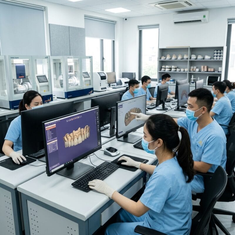 how UK dental labs use outsourcing to cut costs in 2026 - Dental technician reviewing digital 3D CAD crown design on high-resolution monitor in a modern laboratory setting