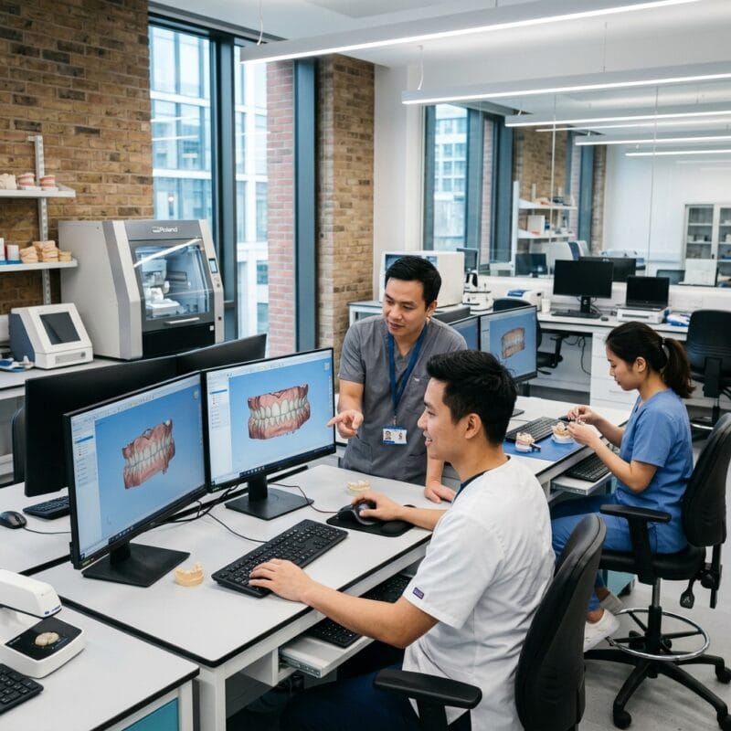 dental lab registration requirements in the UK 2026 - UK dental laboratory technician analyzing custom dental CAD crown design on computer monitor
