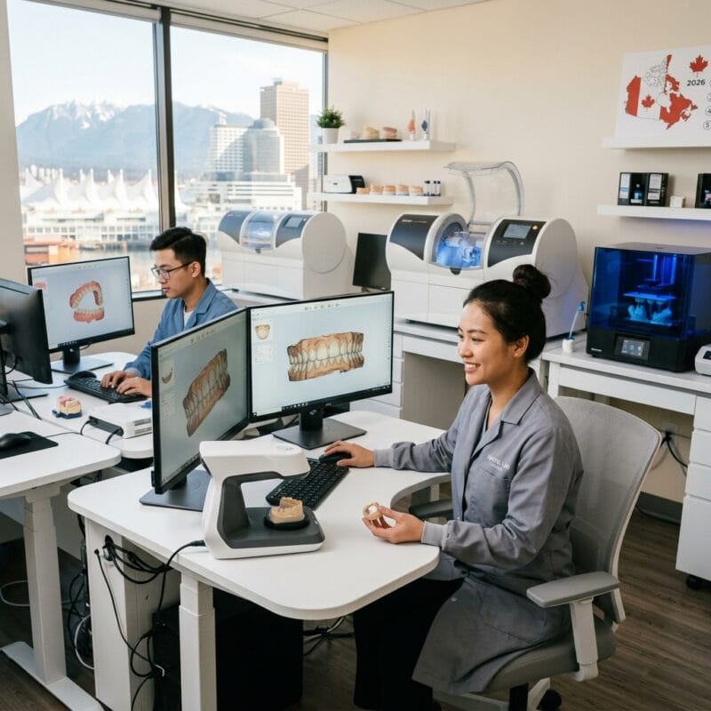 how to start a dental lab in Canada in 2026 - Modern Canadian dental laboratory technician working on digital CAD CAM dental software on dual monitors.