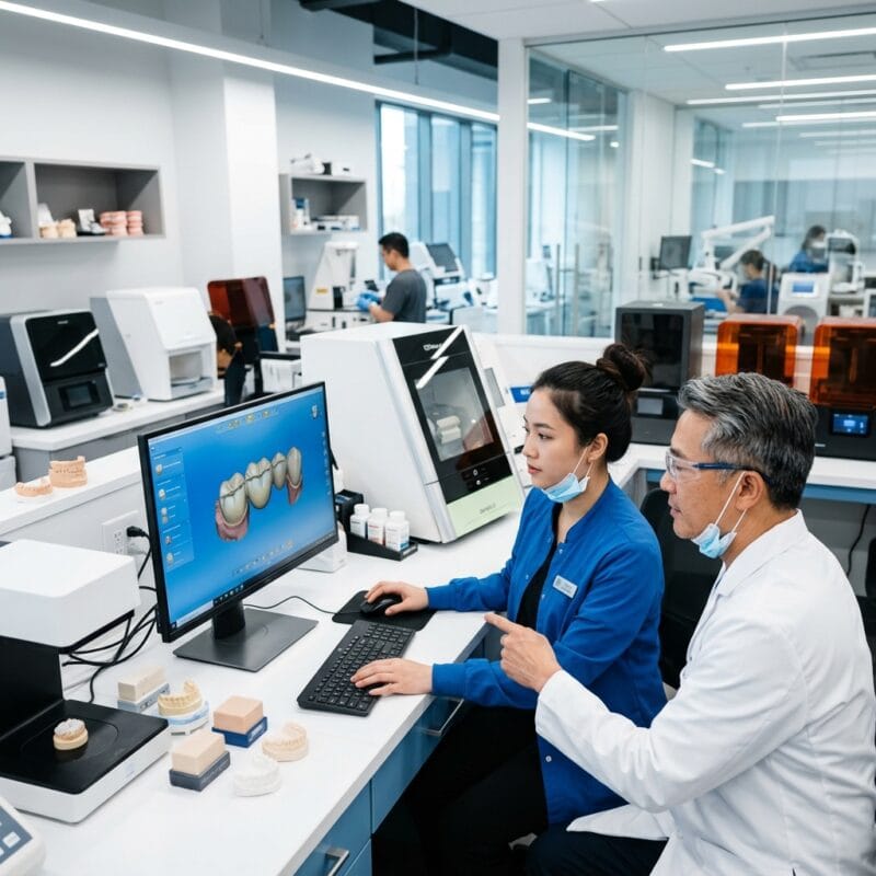 dental lab startup costs in Canada 2026 - Modern dental CAD CAM laboratory setup with digital scanners and milling equipment in Canada