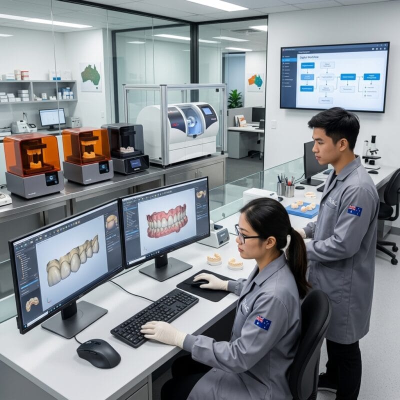 how to start a dental lab in Australia in 2026 - Modern digital dental CAD CAM laboratory technician working on dental restoration designs on high-resolution screens
