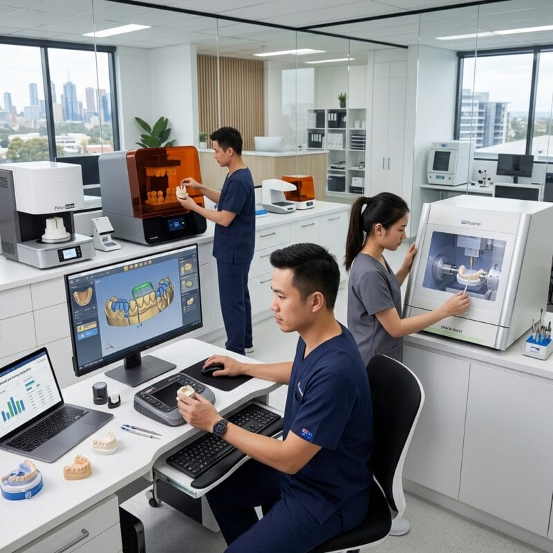 dental lab startup costs in Australia 2026 - Modern digital dental laboratory equipment in Australia featuring 5-axis milling units and high-precision 3D printers.