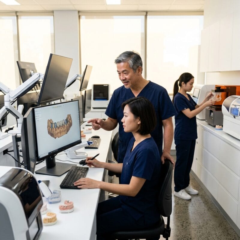 dental technician shortage in Australia 2026 - Dental laboratory technician working on digital CAD software in a modern facility