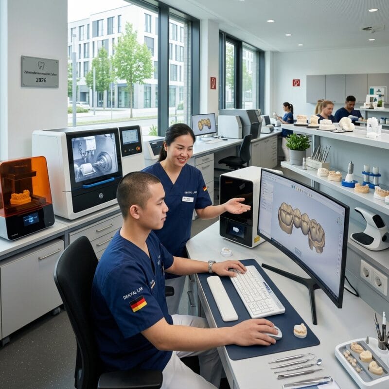 how to start a dental lab in Germany in 2026 - Modern digital dental laboratory technician designing a ceramic crown on a CAD CAM workstation in Germany.