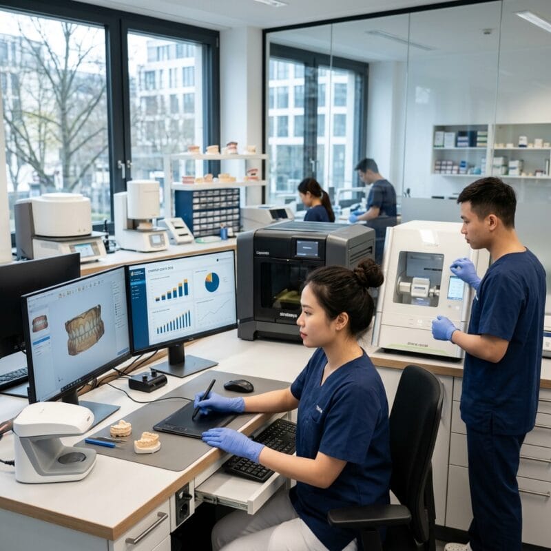 dental lab startup costs in Germany 2026 - Dental technician analyzing 3D CAD design files on screen in modern German laboratory
