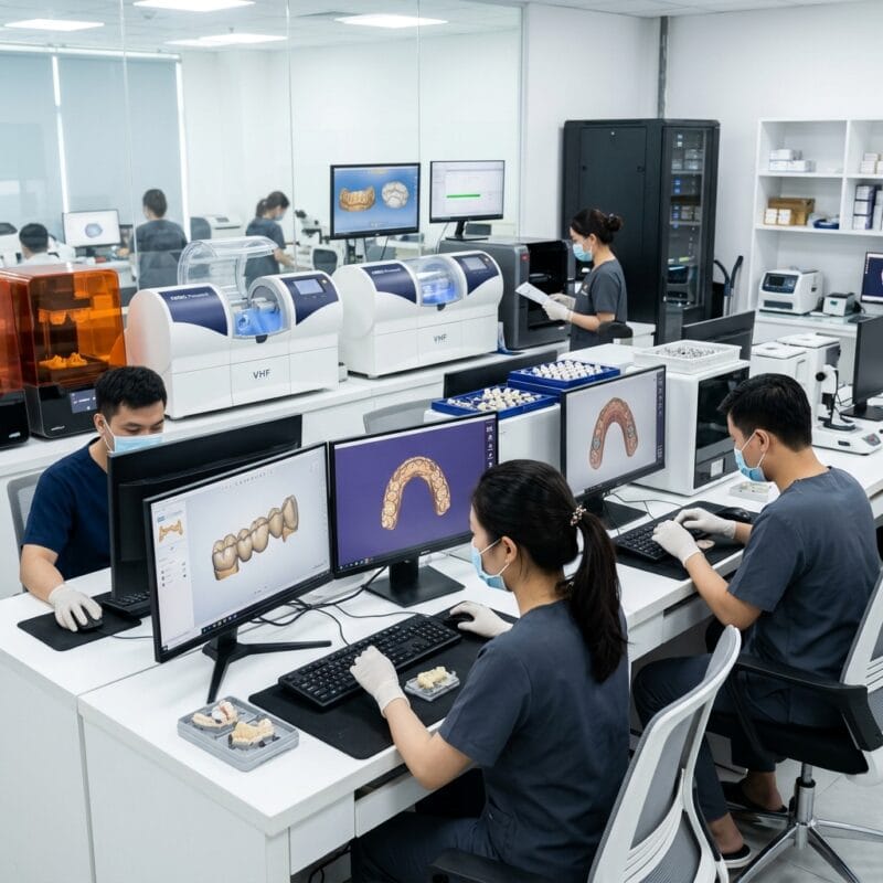 how German dental labs use CAD CAM outsourcing in 2026 - German dental technician analyzing 3D digital CAD model on workstation screen