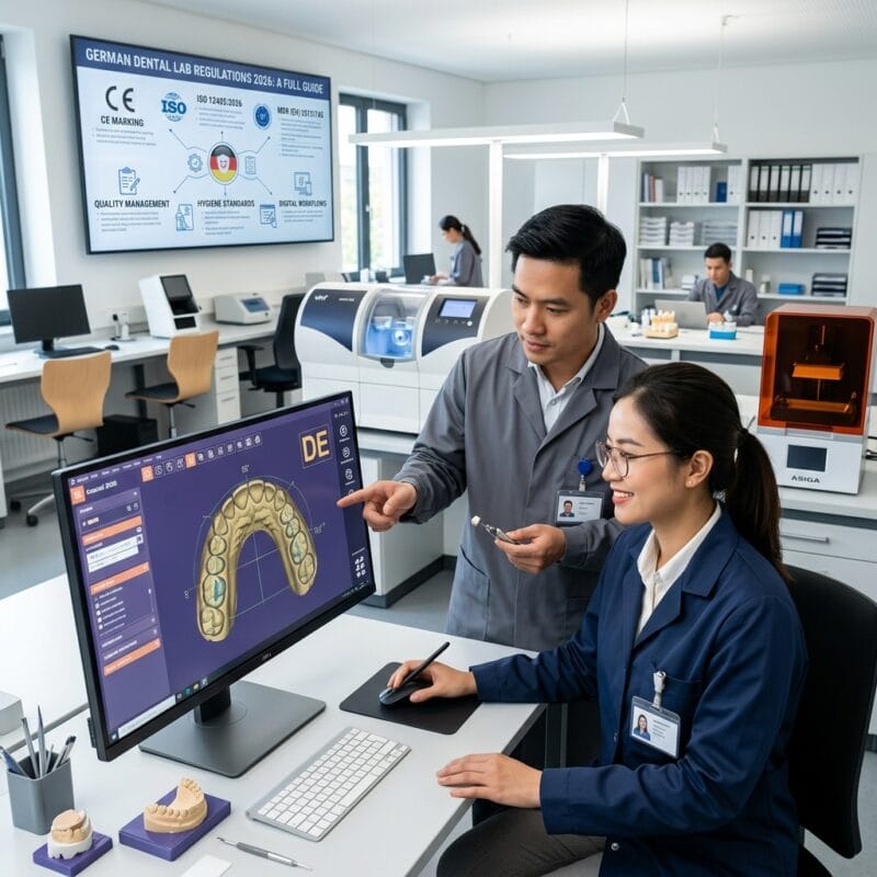 dental lab regulations in Germany 2026 - Dental technician reviewing digital 3D crown design on screen in modern German dental lab