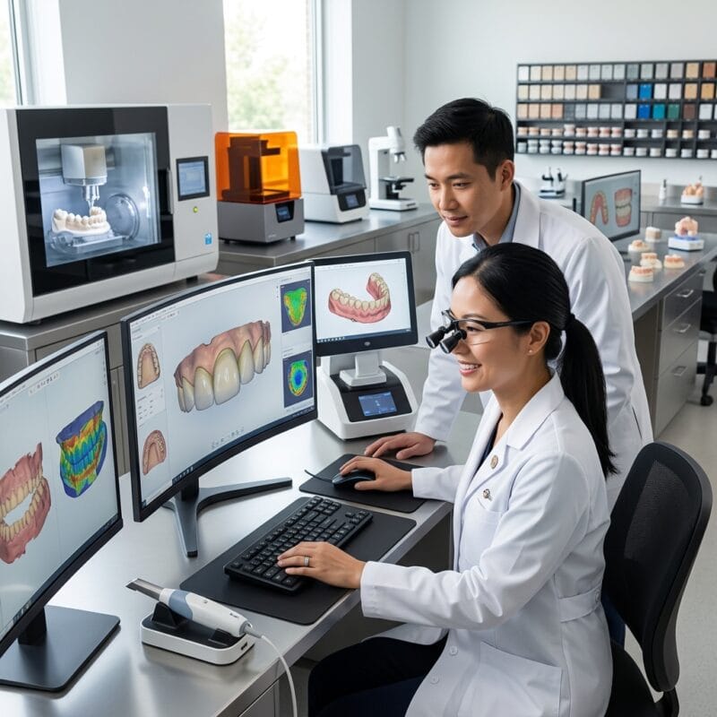 how Canadian dental clinics reduce high remake rates in 2026 - 3D digital dental model on monitor screen undergoing precise crown margin editing in exocad software