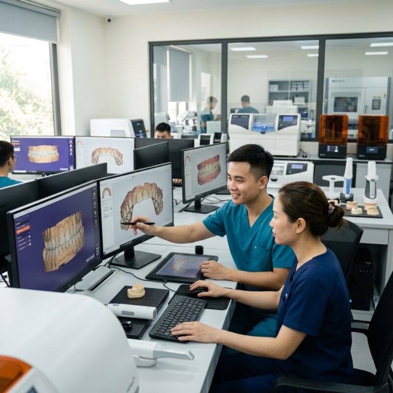 how UK dental clinics solve staffing shortages through outsourcing in 2026 - Dental technician analyzing digital intraoral 3D scan on dual monitors in modern dental CAD lab