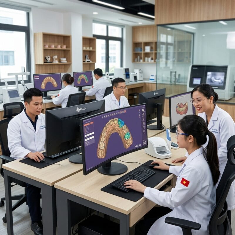 best countries to outsource dental CAD design from the UK in 2026 - Dental technician analyzing a 3D digital crown restoration on a CAD workstation screen