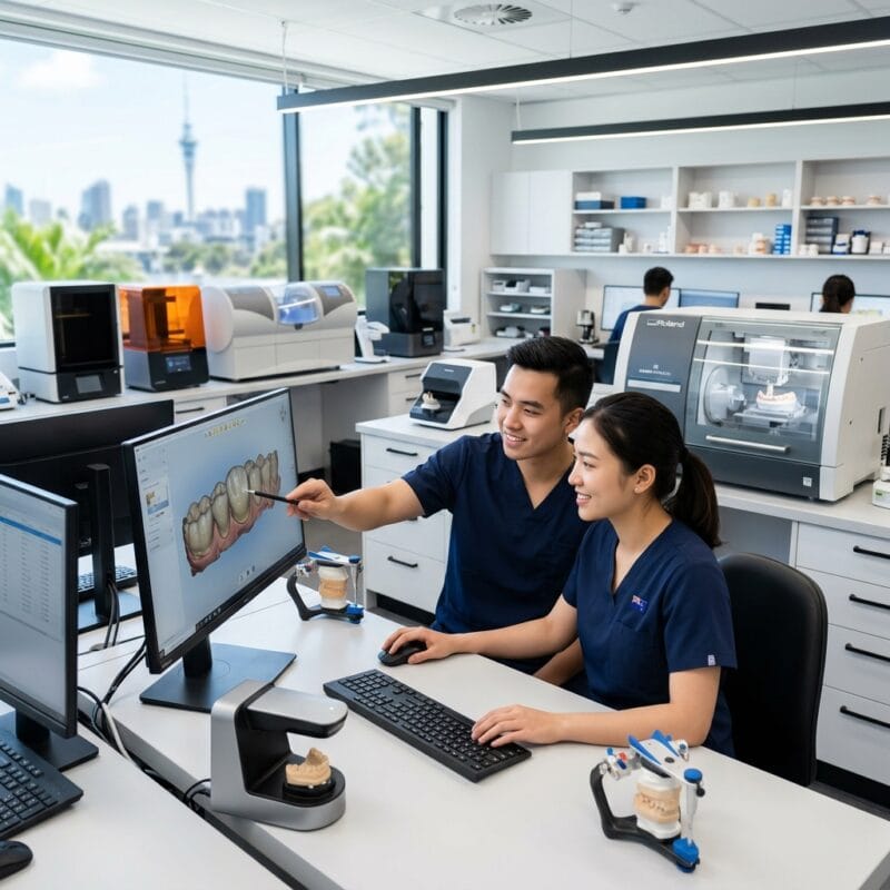 how to start a dental lab in New Zealand in 2026 - Technician working on digital dental CAD software in a modern New Zealand dental lab