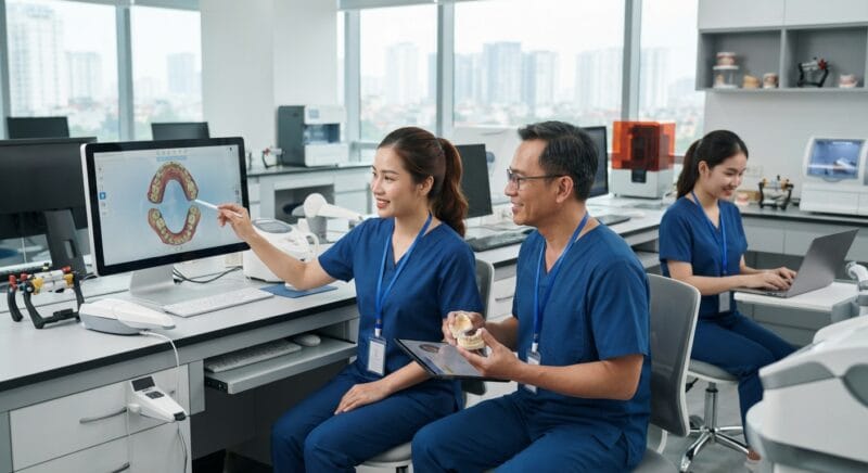 how to improve dental case acceptance rate in 2026 - Detailed digital CAD dental crown and full-arch design model rendering on exocad software.