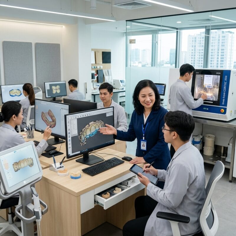 how to delegate in a growing dental practice in 2026 - Dental team reviewing digital scans on a monitor