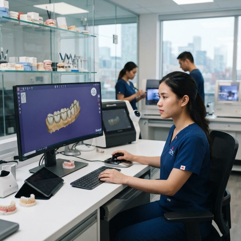 Dental technicians working on digital dental CAD designs in a modern lab - New Tax and Regulatory Changes for Dental Labs in Canada in 2026