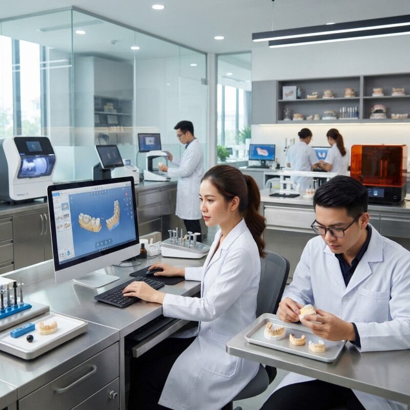 Dental technicians working on digital dental CAD designs in a modern lab - 12 Ways to Control Dental Lab Costs in 2026: Expert Strategies