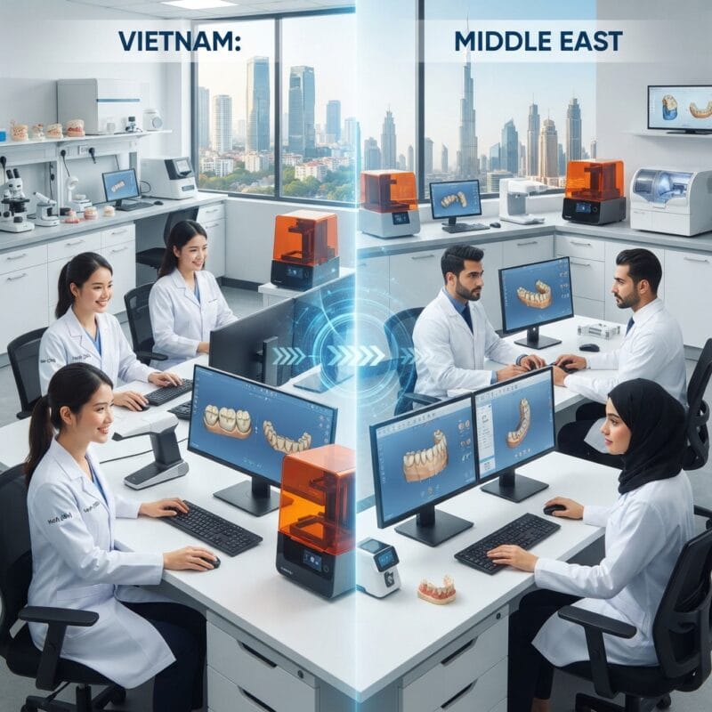 Dental technicians working on digital dental CAD designs in a modern lab - Vietnam vs Middle East for dental CAD design outsourcing in 2026